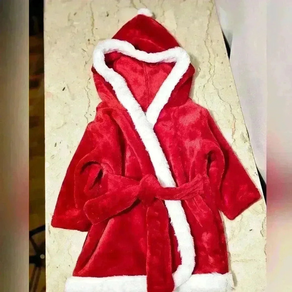HB Santa Baby's Christmas Hooded Robe Plush Red White Polyester 0-9 mths - Picture 3 of 5